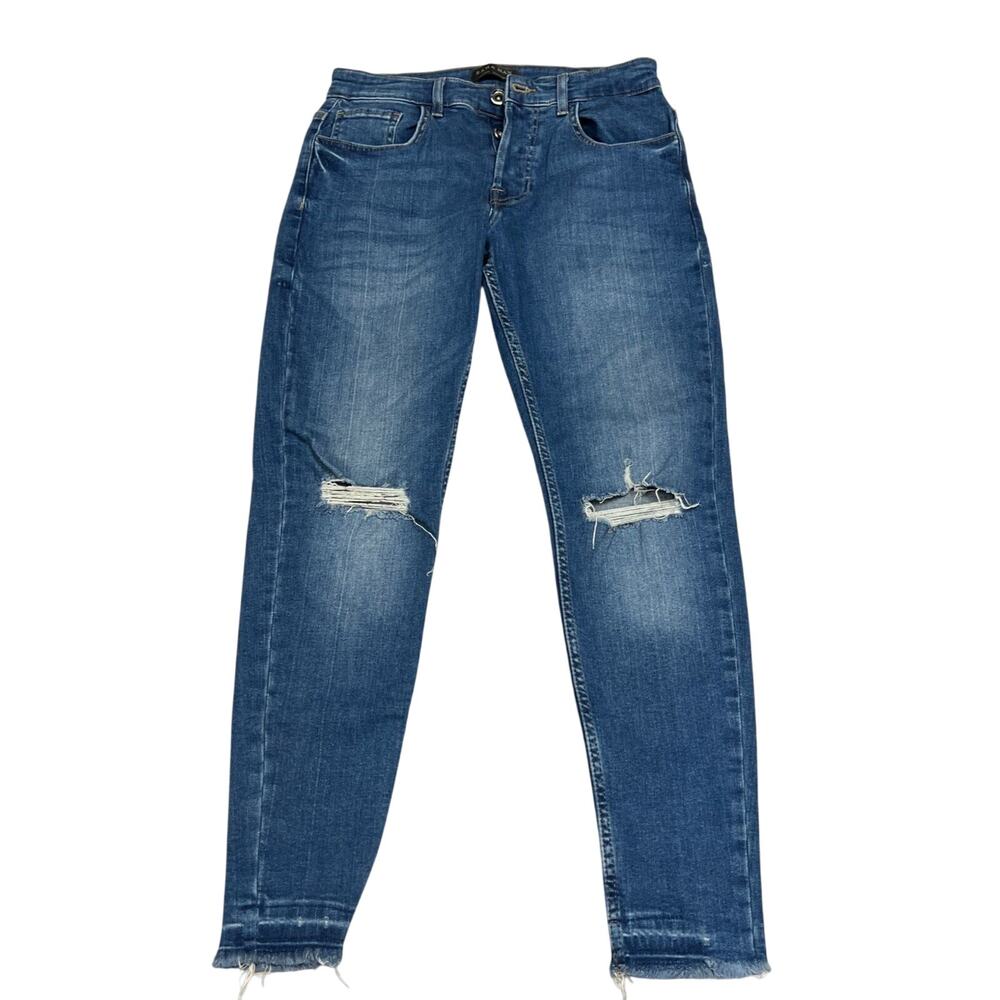 Zara Man Mens Jeans 30 Blue Faded Distressed Skinny Denim Stretch Crop Frayed - Picture 1 of 13